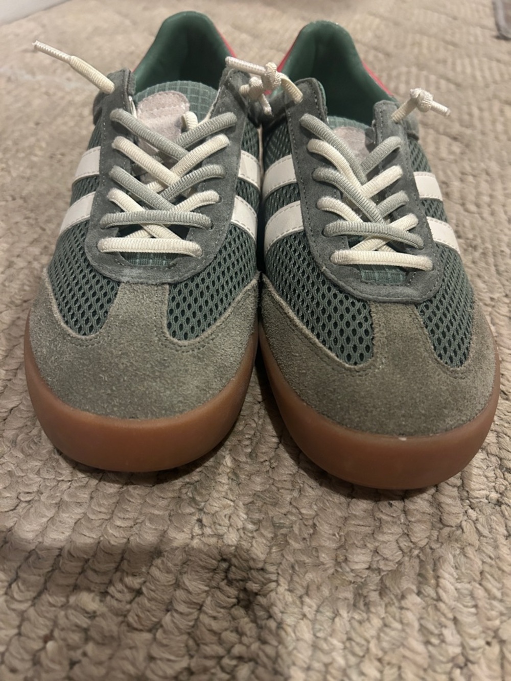 Steve Madden Olive Mesh & Suede Sneakers with Gum Sole and Pink Heel - Picture 3 of 10